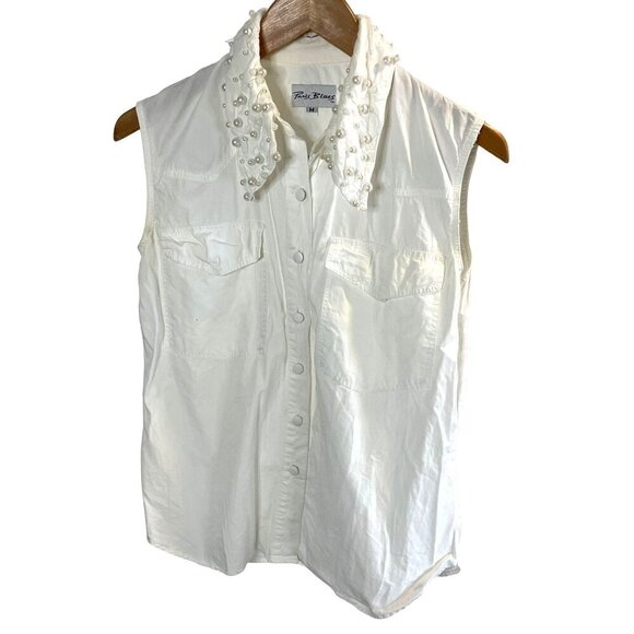 Paris Blues White Button Front Pearl Accent Collar Top Sz M - Picture 1 of 7